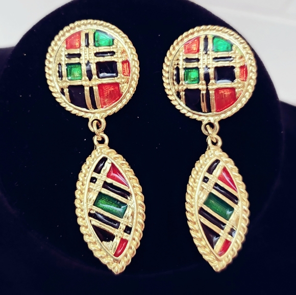 Gold Tone Vintage Plaid Dangles Red Navy Green - Picture 4 of 7